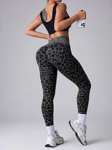 Slayform Leopard Print Mid-High Waist Casual Sports Seamless Leggings - Dark Grey - View 6