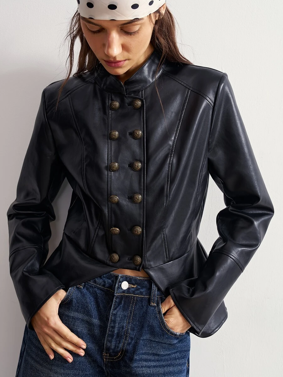 Bohemela Women's Autumn Fashion Vintage Double-Breasted Jacket - Black - View 1
