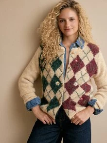 MOTF PREMIUM WOMEN'S VINTAGE HEAVY EMBROIDERY FLORAL ARGYLE PATTERN SINGLE-BREASTED CARDIGAN - Khaki - View 4
