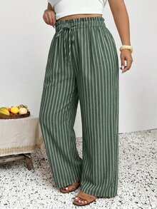 SHEIN Frenchy 女款大尺碼休閒度假條紋長褲 - 綠色 - 查看 5