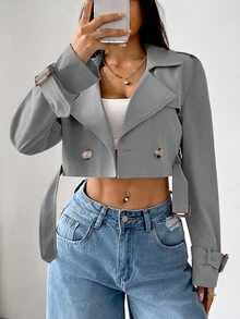 SHEIN EZwear 女款缺口領前開鈕扣長袖短款風衣，適合秋冬日常休閒穿著 - 淺灰色 - 查看 1
