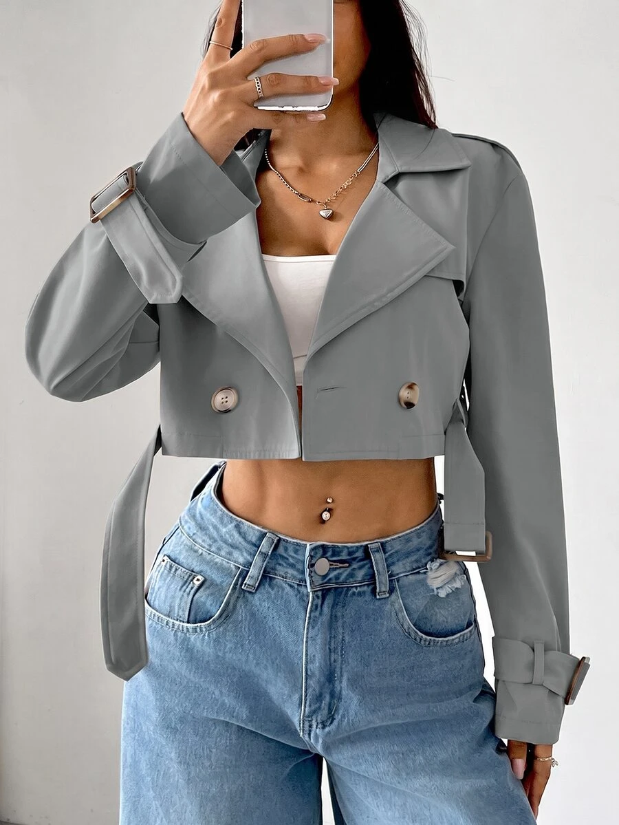SHEIN EZwear 女款缺口領前開鈕扣長袖短款風衣,適合秋冬日常休閒穿著 - 淺灰色 - 查看 1