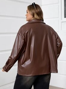 SHEIN CURVE+ 大尺碼女款黑色長袖PU皮革夾克 秋冬款 - 棕色 - 查看 2