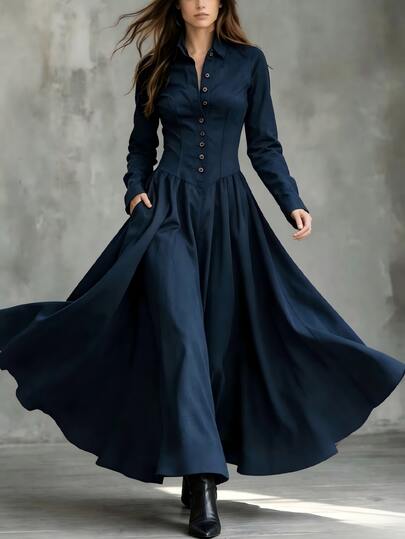 SHEIN Women's Casual Fashion Slim Fit Shirt Style Maxi Dress With Full Skirt, Faux Denim Color Long Waist-Cinching Dress, Button-Front Long Sleeve Faux Denim Dress Design, Suitable For Daily Commute, Outing, Dating, School, Business, Party, Art Exhibition And Other Occasions, All-Season Elegant Lady Style Women's Dress, Casual Commute Dress