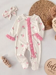 SHEIN 可愛新生女嬰針織蝴蝶結荷葉邊連身衣 - 粉色 - 查看 8