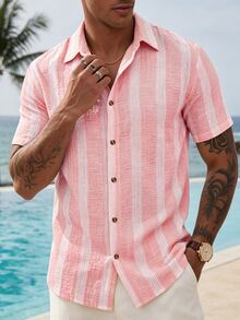 VENTUSAIL Men's Yellow Woven Striped Summer Lightweight Slim Fit Casual Vacation Short Sleeve Shirt - Pink - View 5