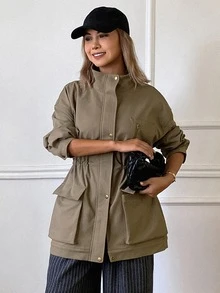 DAZY Women's Solid Color Loose Fit Utility Jacket With Pockets And Zipper, Long Sleeve Casual Streetwear Fall Regular Jacket Everyday Going Out Olive Green - Khaki - View 5