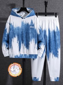 SHEIN 兒童 2 件組青少年男孩休閒藍白漸層圖案連帽衛衣與運動長褲，適合秋冬返校季節 - 藍白色 - 查看 4