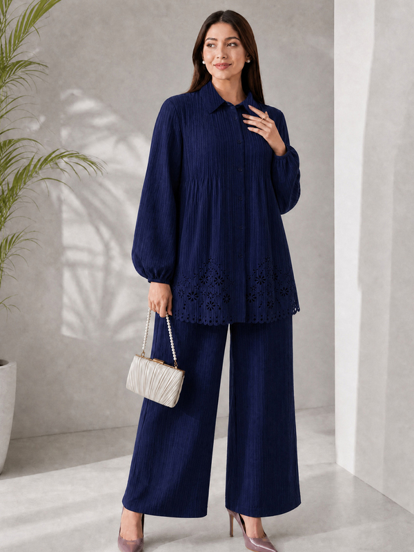 Lacomfia Plus Size 2pcs Solid Color Button Front Hollow Out Floral Hem Long Sleeve Casual Elegant Pants Set