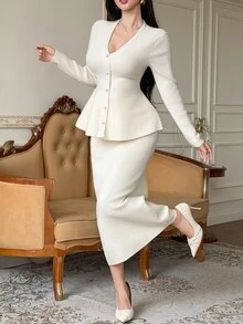 DAZY Women's Solid Color Long Sleeve Top And Skirt Knit 2 Pieces Set Fall - Beige - View 5