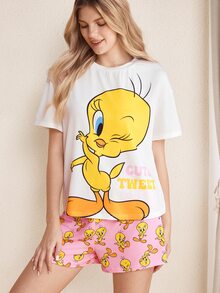 LOONEY TUNES X SHEIN Women's Cartoon Print Top & Shorts Pajama Set - White - View 1