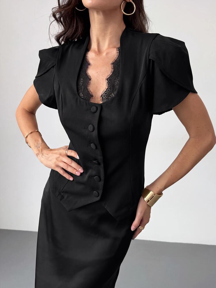 Aloruh Women's Elegant U-Neck Lace Patchwork Slim Fit Waist-Cinching Short Sleeve Blazer - Black - View 5