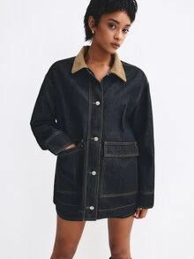 ATUI Studio Women's Single-Breasted Long Sleeve Jacket And Mini Skirt Fashion Denim Set - Navy Blue - View 8