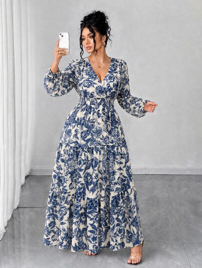 Elenzga Plus Size Women's Elegant Celestial Blue And White Floral Chiffon Print V-Neck Long Sleeve Dress With Lining For Casual Vacation Autumn Fall