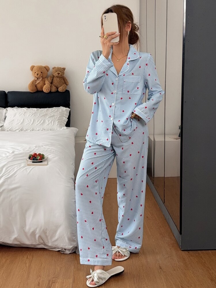 Napfluff Fresh Blue & White Plaid Heart Print Collared Pajama Set, 2 Pieces - Blue - View 2