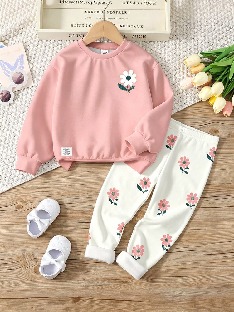 Tween Girl Casual Cute Retro Floral Print Crew Neck Long Sleeve Sweatshirt & Leggings 2pcs Set, Suitable For Autumn/Winter - White - View 3