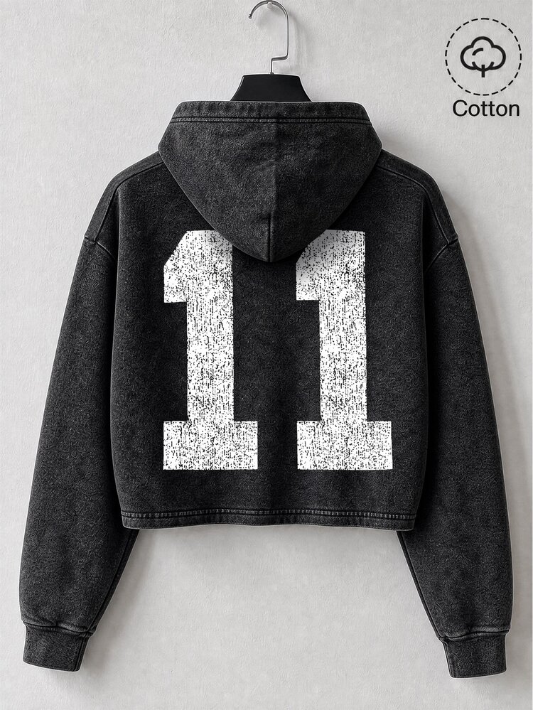 Manfinity Hypemode Hoodie Pendek Pria dengan Motif Angka 11, Model Pullover Vintage untuk Streetwear Kasual, Gaya Musim Gugur Terbaru - Hitam - View 2