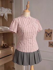 Comfortcana Plus Size Summer Casual Plaid Petal Sleeve Shirt - Dusty Pink - View 10