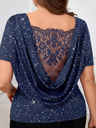 Reflora Camiseta elegante de encaje con contraste talla grande