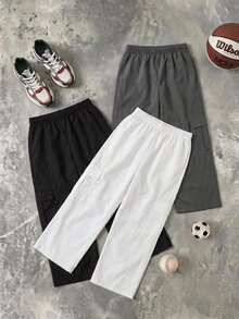 SHEIN 兒童青少年男孩休閒日常舒適工裝直筒寬鬆長褲，黑色工裝褲，新年款，6-7歲適用，適合外出、上學，春秋夏冬四季皆宜 - 彩色 - 查看 5