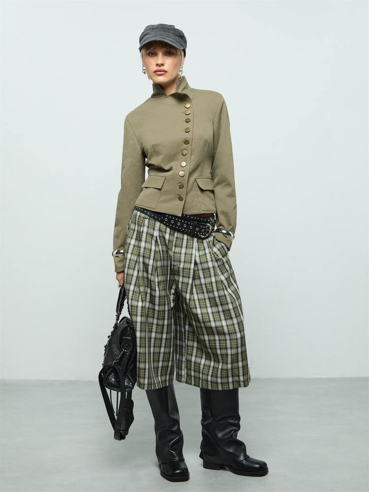 COUREZ Oversized Tailored Check Longline Shorts/Y2K Fall Winter Outfits For Women Vacation /Street Casual/Y2K/Leisure Music Festival - Multicolor - View 2