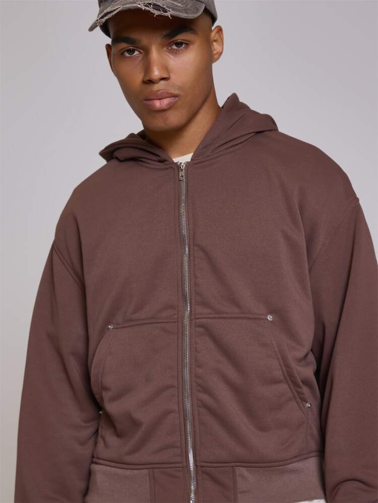 Musero Oversized Funnel Neck Button Placket Jersey Zip Up Hoodie Patch Kangaroo Pocket Detail Spring Summer Essentials Co Ord Jacket Only - Coffee Brown - View 5
