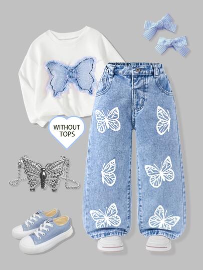 SHEIN ChillGRL Denimly Little Girl Casual Cute Wind Washed Dark Blue Butterfly Print Elastic Rubber Waist Straight Trousers Jeans