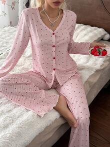 CottageSlumber Women's V-Neck Button Decor Fashion Minimalist Striped Heart Print Pajama Set, 2 Pieces - Pink - View 1