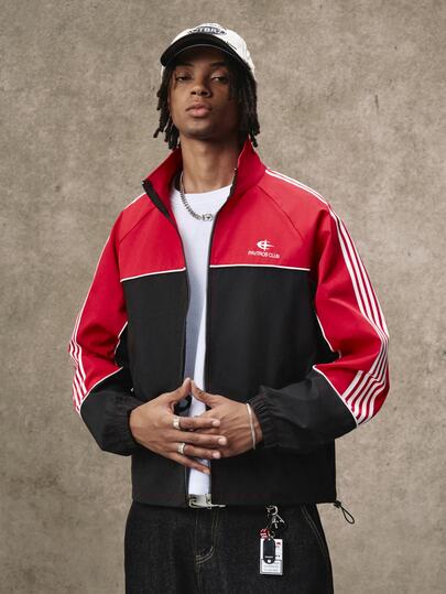 PAVTROS Men's Vintage Colorblock Red & Black Patchwork 5-Stripe Short Sports Jacket, American 90s Retro Sportswear + Y2K Millennium Street Style, Daily Commute, Outdoor, Fitness Outfit, Cleanfit Casual, Unisex Couple Wear, Holiday Gift