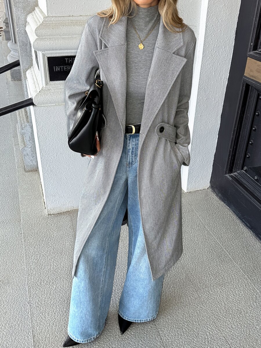SHEIN PariChic Autumn/Winter Elegant Flat Collar Herringbone Pocket Tie-Front Long Sleeve Jacket, Suitable For Daily Wear - Grey - View 1