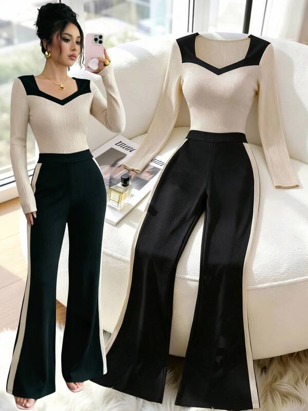 SHEIN Raffinéa Fashionable Commuter Women 2 Pieces Set, Autumn/Winter Slim Fit Base Layer Top And Long Pants Outfit For Office And Casual Wear