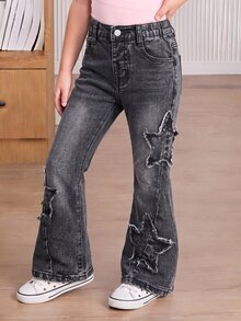 SHEIN Explorewe 女童鈕扣口袋貼布繡花牛仔喇叭褲 - 深灰色 - 查看 1