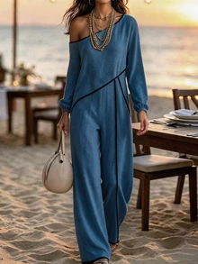 SHEIN Holidaya Jumpsuit Wanita Musim Semi/Panas/Musim Gugur Motif Aprikot, Bahu Asimetris, Garis Kontras Hitam, Lengan Panjang, Potongan Pinggang Rapi, Kaki Lebar - Biru - View 5