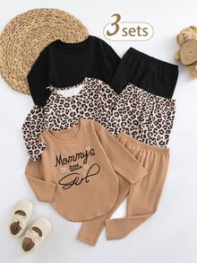 SHEIN Vintaside Kids 3套幼童女童長袖上衣+內搭褲，可愛黑色棕色豹紋羅紋字母印花側開衩長袖圓領，生日派對秋季假期穿搭 - 彩色 - 查看 1