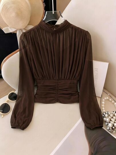 SHEIN Clasi Plus Size Women's Solid Color Stand Collar Long Sleeve Pleated Elegant Chiffon Blouse