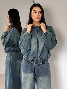 Flexra American Vintage Nano Yellow Washed Denim Jacket Loose Fit Dropped Shoulder Stand Collar Zipper Cuffed Casual Baseball Jacket Autumn/Winter - Light Wash - View 6