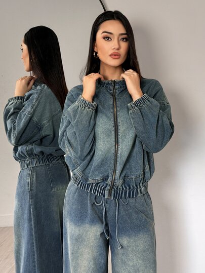Flexra American Vintage Nano Yellow Washed Denim Jacket Loose Fit Dropped Shoulder Stand Collar Zipper Cuffed Casual Baseball Jacket Autumn/Winter