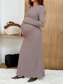 SHEIN Maternity Casual Striped Dress For Autumn - Brown - View 3