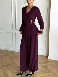 Aloruh Women's Elegant Commuter Wrap Coat & Trousers Suit Set,New Fall Styles - Purple - View 5