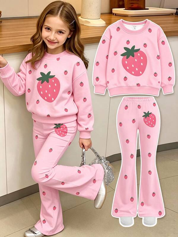 Young Girl Casual Minimalist Loose Round Neck Long Sleeve Sweatshirt & Flare Pants 2 Pieces Set, Suitable For Autumn/Winter