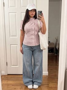 Comfortcana Plus Size Summer Casual Plaid Petal Sleeve Shirt - Dusty Pink - View 5