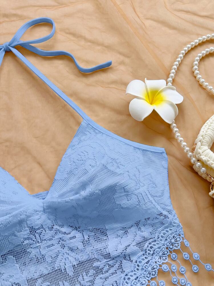 Soleia Women's Lace Halter Backless Top With Tassel Hem - Baby Blue - View 3