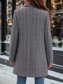 Editum Women's Winter Fashion Plaid Double-Breasted Overcoat - Grey - View 4