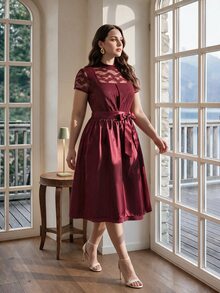 Fairmaia German Traditional Plus Size Women's Lace Patchwork Dress - Burgundy - View 4