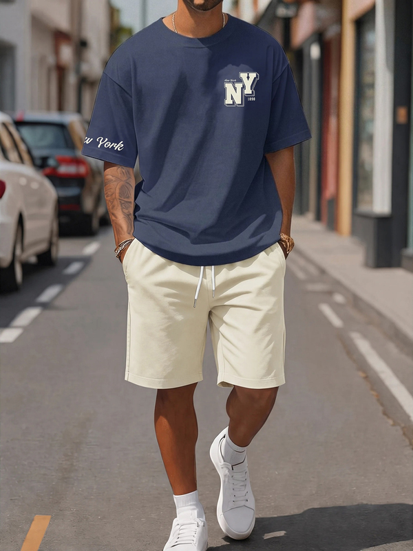 Sorvial Men's Fitted Knit Navy Blue Top And Apricot Woven Shorts Set