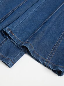 SHEIN 女童高腰寬腿牛仔褲，四季休閒街頭風深藍色水洗，彈性腰帶對比縫線，棉質布料，夏季 - 深色水洗藍 - 查看 6