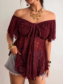 Freevana Plus Size Women's Vacation Ruched Tie Off Shoulder Top - Burgundy - View 4