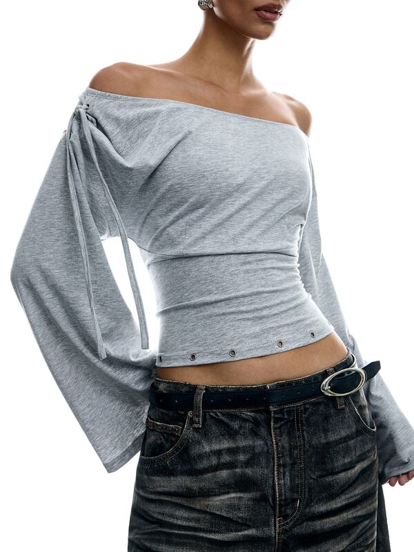 LYSMO Women's Fashion Off-Shoulder Waist-Cinching T-Shirt
