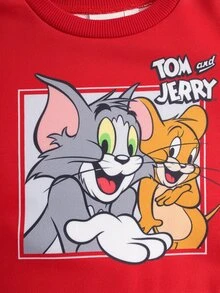 TOM & JERRY X SHEIN طقم بلوزة رياضية بياقة دائرية وبنطال بنقشة كرتونية للبنات الرضع - الأحمر - مشاهدة 4