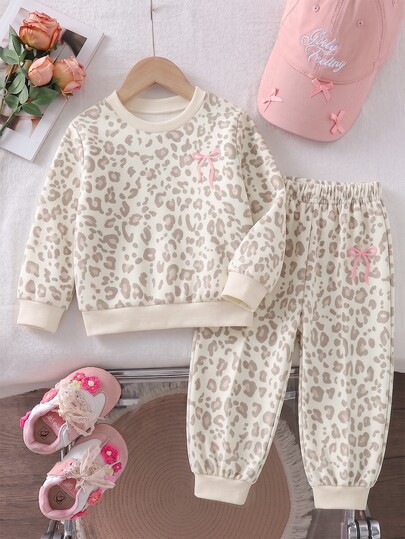 2pcs Baby Girl Casual Fashion Simple Sweet Cute Leopard Print & Bowknot Pattern Crew Neck Sweatshirt Pullover And Matching Leopard Print Long Pants Set, Suitable For Autumn/Winter